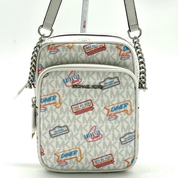 Michael Kors Jet Set Medium Printed Signature Logo Crossbody Bag Optic White - Picture 2 of 9